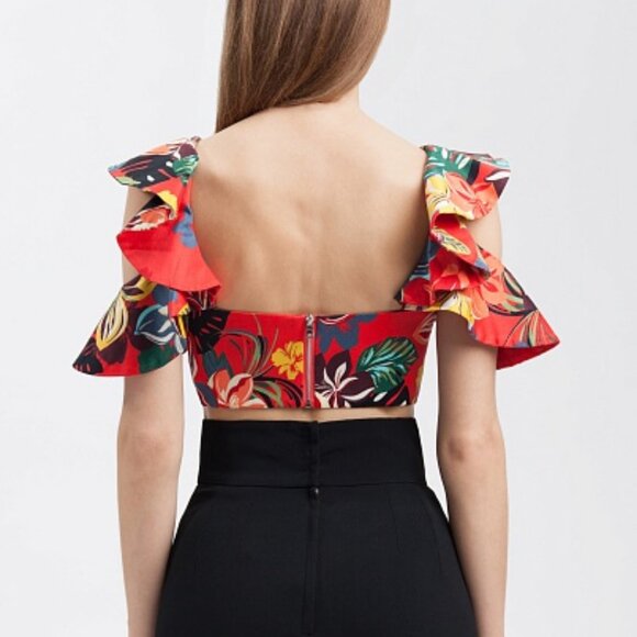 Women Alexis Camille Red Multicolor Floral Cold Shoulder Calypso Crop Top S - Picture 5 of 11